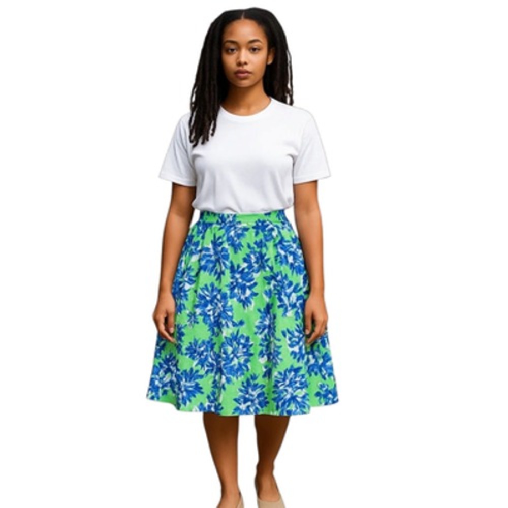 J Crew Pleated Midi Skirt 8 Women Floral Blue Green Cotton Full Swing‎ Fairycore